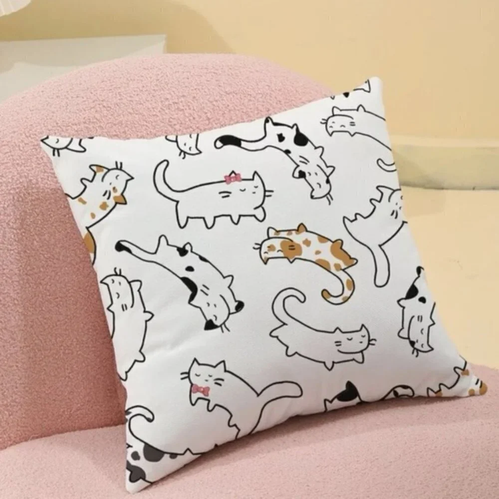 Pillow Cover Cat Print Zip Close Large Square White Tan Black Multicolor 17.7 in
